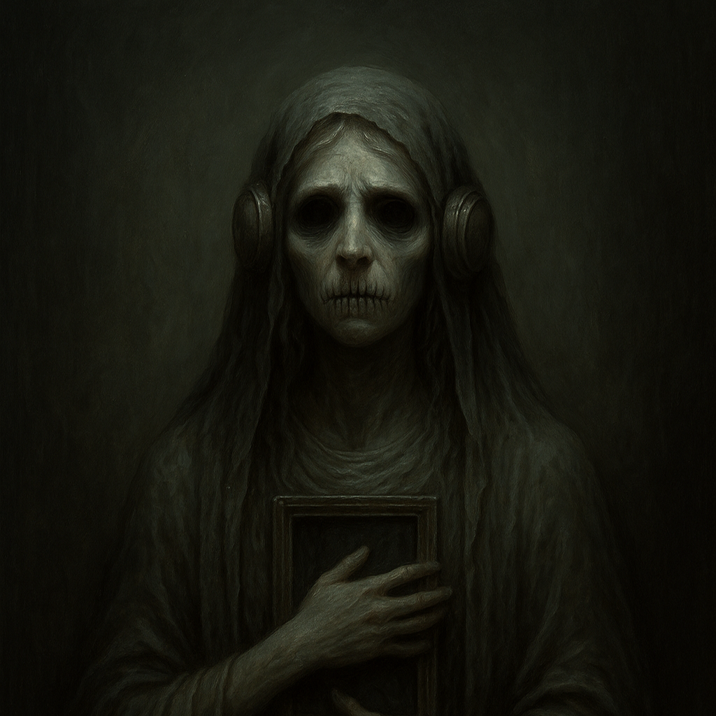 From The Unraveling Series The Unheard, a spectral woman veiled in tattered gauze, her mouth sewn shut with black thread and ears covered in tarnished metal plates. 2025. IP courtesy of Unraveling Horror Enterprises LLC All rights reserved