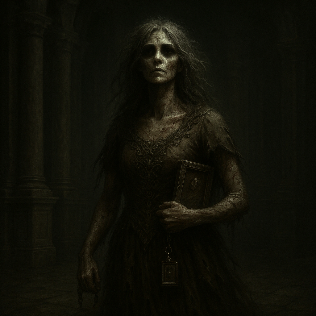 The Unraveling Series The Unseen a shadow draped figure standing in a dim Gothic tribunal hall her features obscured beneath a heavy hood.2025 IP of Unraveling Horror Enterprises LLC All rights Reserved