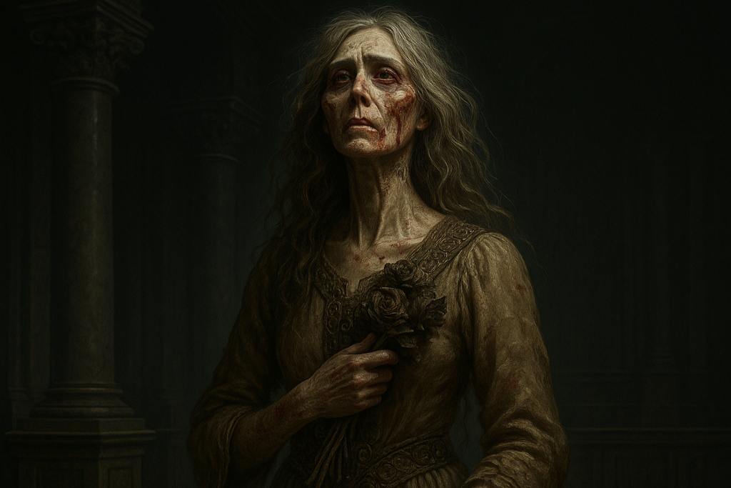 The Unraveling Series The Woman Who Endured standing in a dark Gothic tribunal hall beneath a cold shaft of light. She wears a torn yet regal gown embroidered with survival symbols, her eyes heavy with grief but steady with resolve